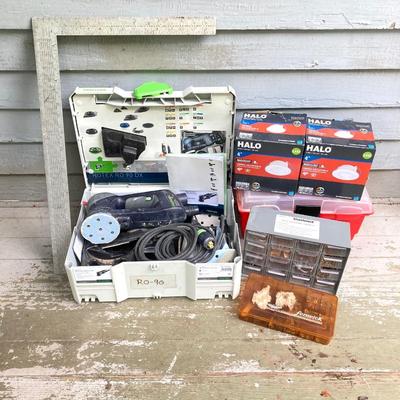 LOT 71: Festool Rotex RO 90 DX FEQ-Plus Sanding Tool in Case, Tools, Storage Boxes with Hardware and Pair of Halo Lights