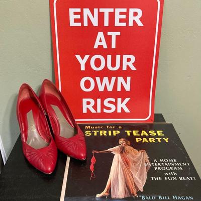 LOT 79: Vintage Album Collection (Elvis, Tom Jones, Engelbert Humperdinck and More) and Metal Enter at Your Own Risk Sign