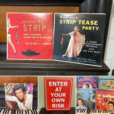 LOT 79: Vintage Album Collection (Elvis, Tom Jones, Engelbert Humperdinck and More) and Metal Enter at Your Own Risk Sign