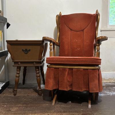 LOT 83: Vintage Wooden Vermont Made Miracle Rocker & Colonial Dough Box Style End Table