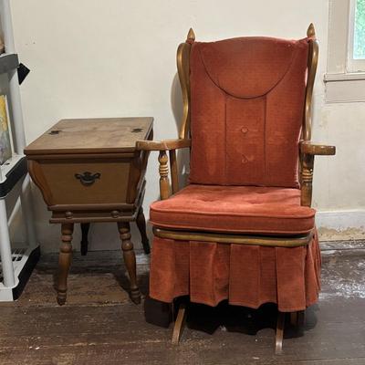 LOT 83: Vintage Wooden Vermont Made Miracle Rocker & Colonial Dough Box Style End Table