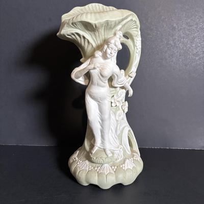 LOT 84: Porcelain Art Nouveau Style Figural Vase, Brass Candle Sticks & Aladdin Oil Brass Oil Lamp (missing shade)