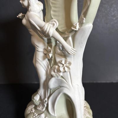 LOT 84: Porcelain Art Nouveau Style Figural Vase, Brass Candle Sticks & Aladdin Oil Brass Oil Lamp (missing shade)