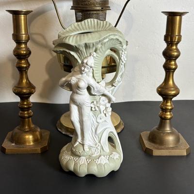 LOT 84: Porcelain Art Nouveau Style Figural Vase, Brass Candle Sticks & Aladdin Oil Brass Oil Lamp (missing shade)