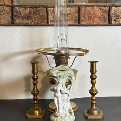 LOT 84: Porcelain Art Nouveau Style Figural Vase, Brass Candle Sticks & Aladdin Oil Brass Oil Lamp (missing shade)