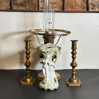 LOT 84: Porcelain Art Nouveau Style Figural Vase, Brass Candle Sticks & Aladdin Oil Brass Oil Lamp (missing shade)