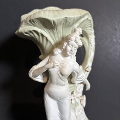 LOT 84: Porcelain Art Nouveau Style Figural Vase, Brass Candle Sticks & Aladdin Oil Brass Oil Lamp (missing shade)