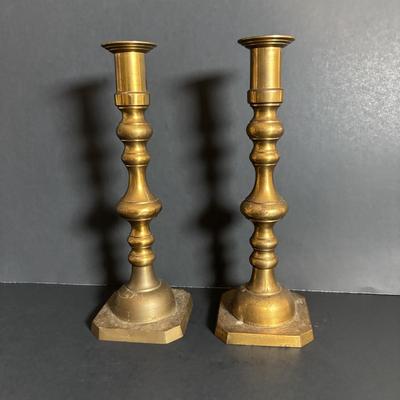 LOT 84: Porcelain Art Nouveau Style Figural Vase, Brass Candle Sticks & Aladdin Oil Brass Oil Lamp (missing shade)