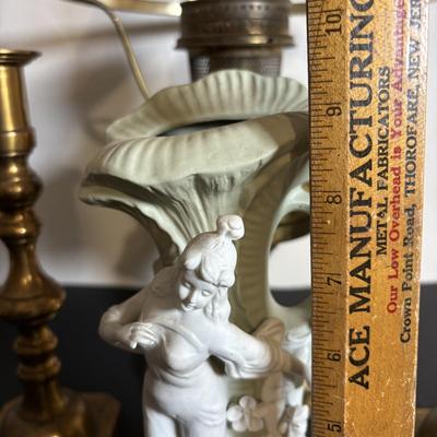 LOT 84: Porcelain Art Nouveau Style Figural Vase, Brass Candle Sticks & Aladdin Oil Brass Oil Lamp (missing shade)