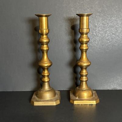 LOT 84: Porcelain Art Nouveau Style Figural Vase, Brass Candle Sticks & Aladdin Oil Brass Oil Lamp (missing shade)