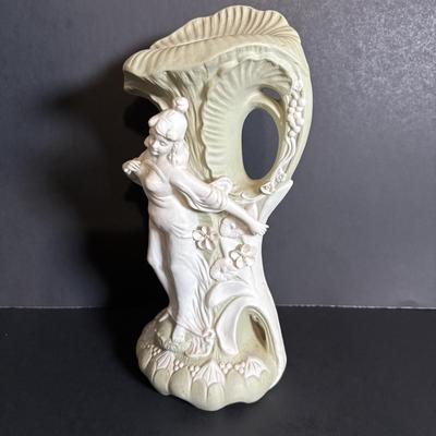 LOT 84: Porcelain Art Nouveau Style Figural Vase, Brass Candle Sticks & Aladdin Oil Brass Oil Lamp (missing shade)