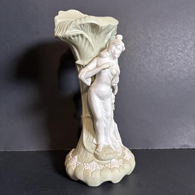 LOT 84: Porcelain Art Nouveau Style Figural Vase, Brass Candle Sticks & Aladdin Oil Brass Oil Lamp (missing shade)
