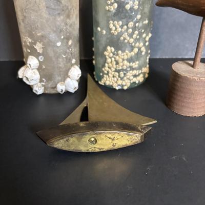 LOT 85: Seaside Collection: Ceramic Lighthouse Lamp, Wooden Carved Pelican, Sea Glass Bottles w/Barnacles, Lighthouse Painting on Slate,...