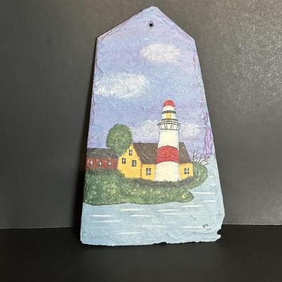 LOT 85: Seaside Collection: Ceramic Lighthouse Lamp, Wooden Carved Pelican, Sea Glass Bottles w/Barnacles, Lighthouse Painting on Slate,...