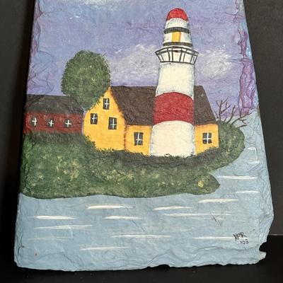 LOT 85: Seaside Collection: Ceramic Lighthouse Lamp, Wooden Carved Pelican, Sea Glass Bottles w/Barnacles, Lighthouse Painting on Slate,...
