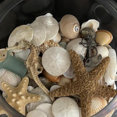 LOT 85: Seaside Collection: Ceramic Lighthouse Lamp, Wooden Carved Pelican, Sea Glass Bottles w/Barnacles, Lighthouse Painting on Slate,...