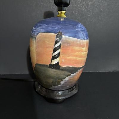 LOT 85: Seaside Collection: Ceramic Lighthouse Lamp, Wooden Carved Pelican, Sea Glass Bottles w/Barnacles, Lighthouse Painting on Slate,...
