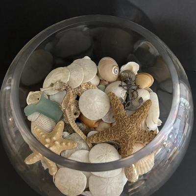 LOT 85: Seaside Collection: Ceramic Lighthouse Lamp, Wooden Carved Pelican, Sea Glass Bottles w/Barnacles, Lighthouse Painting on Slate,...