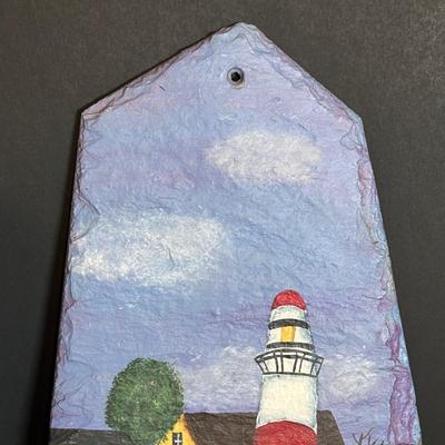 LOT 85: Seaside Collection: Ceramic Lighthouse Lamp, Wooden Carved Pelican, Sea Glass Bottles w/Barnacles, Lighthouse Painting on Slate,...