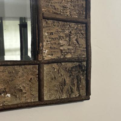 LOT 96 Home Decor: Rustic Bark Framed Mirror, 24" Wooden & Galvanized Wall Clock & Pottery Oil Lamp