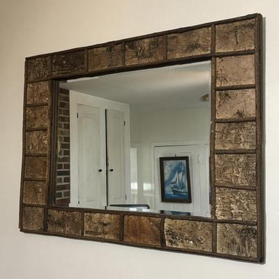 LOT 96 Home Decor: Rustic Bark Framed Mirror, 24" Wooden & Galvanized Wall Clock & Pottery Oil Lamp