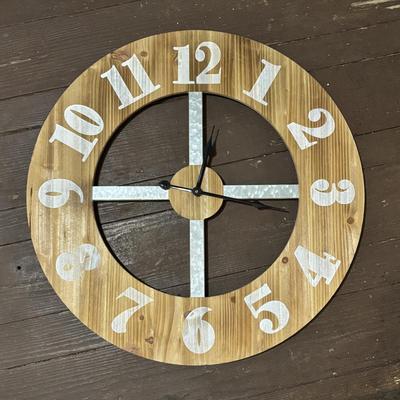 LOT 96 Home Decor: Rustic Bark Framed Mirror, 24" Wooden & Galvanized Wall Clock & Pottery Oil Lamp