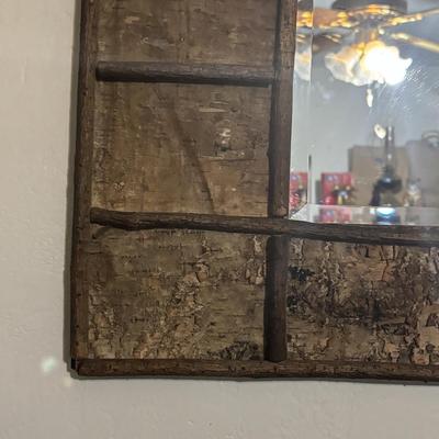 LOT 96 Home Decor: Rustic Bark Framed Mirror, 24" Wooden & Galvanized Wall Clock & Pottery Oil Lamp