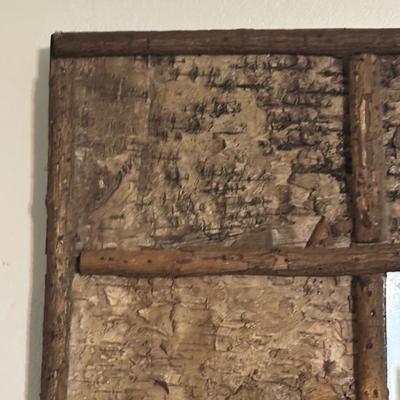 LOT 96 Home Decor: Rustic Bark Framed Mirror, 24" Wooden & Galvanized Wall Clock & Pottery Oil Lamp