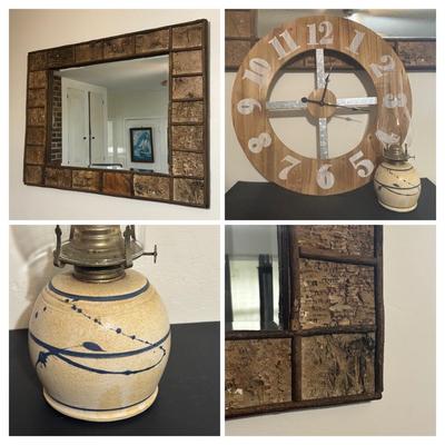 LOT 96 Home Decor: Rustic Bark Framed Mirror, 24" Wooden & Galvanized Wall Clock & Pottery Oil Lamp