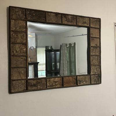 LOT 96 Home Decor: Rustic Bark Framed Mirror, 24" Wooden & Galvanized Wall Clock & Pottery Oil Lamp