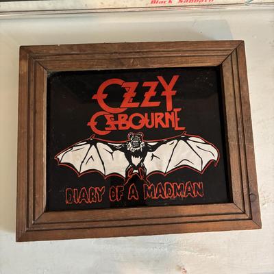 LOT 97: Vintage Black Sabbath Poster, Over-sized Edison Bulb w/Lamp and Framed Carnival Mirror