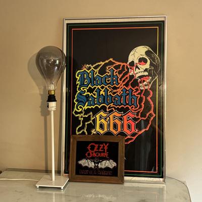 LOT 97: Vintage Black Sabbath Poster, Over-sized Edison Bulb w/Lamp and Framed Carnival Mirror