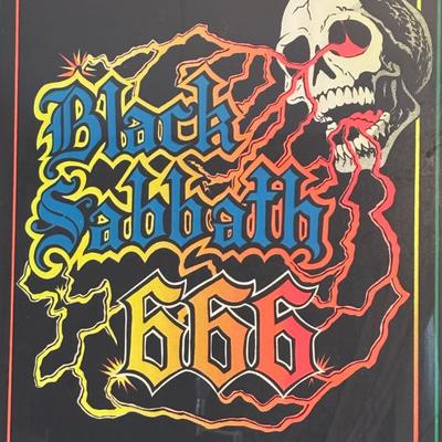 LOT 97: Vintage Black Sabbath Poster, Over-sized Edison Bulb w/Lamp and Framed Carnival Mirror