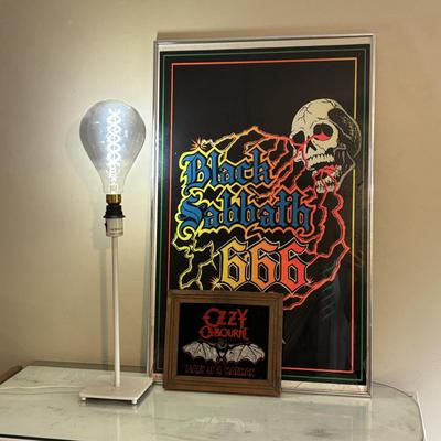 LOT 97: Vintage Black Sabbath Poster, Over-sized Edison Bulb w/Lamp and Framed Carnival Mirror