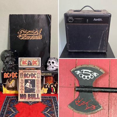 LOT 119: Rock On Collection - AC / DC & Ozzy Osbourne Memorabilia, Rock Band Metal Double Sided Axe, Austin Amplifier and More