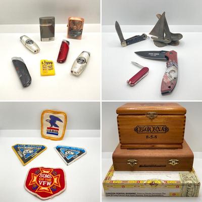 LOT 120: Vintage Collection - Folding Knives, Lighters, Cigar Boxes and Patches