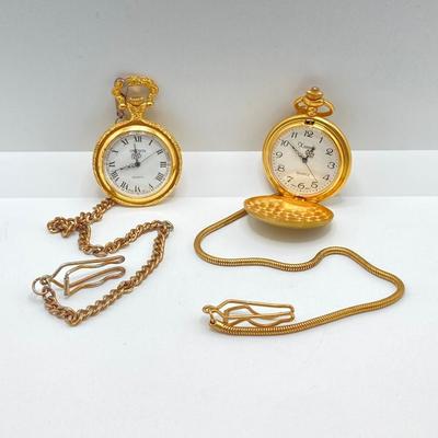 LOT 123: Pair of Gold Tone Pocket Watches with Chains (Unitron and Xanadu)