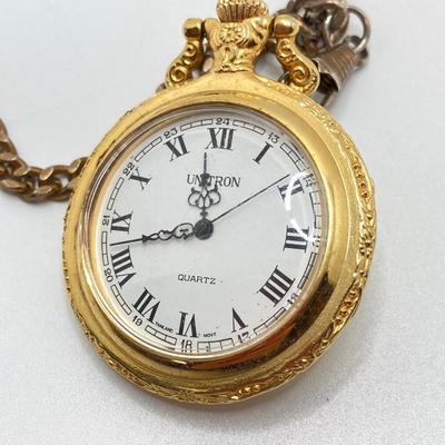 LOT 123: Pair of Gold Tone Pocket Watches with Chains (Unitron and Xanadu)