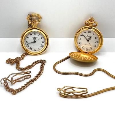 LOT 123: Pair of Gold Tone Pocket Watches with Chains (Unitron and Xanadu)