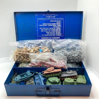 LOT 125: Vintage Toy Collection - Metal and Plastic Cars / Trucks, Miniature Military Figurines in Metal Box