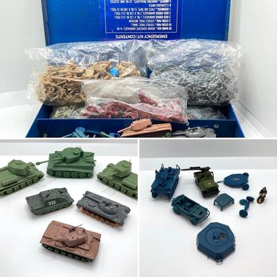 LOT 125: Vintage Toy Collection - Metal and Plastic Cars / Trucks, Miniature Military Figurines in Metal Box