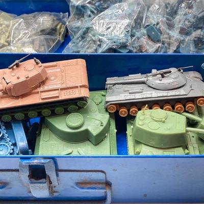 LOT 125: Vintage Toy Collection - Metal and Plastic Cars / Trucks, Miniature Military Figurines in Metal Box