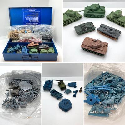LOT 125: Vintage Toy Collection - Metal and Plastic Cars / Trucks, Miniature Military Figurines in Metal Box