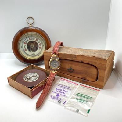LOT 127: Vintage Stellar Germany Barometer, Pulsar Watch, Carved Wood Box, Starrett Yankee Steel Tape Measure in Box and Pair of Gemstones