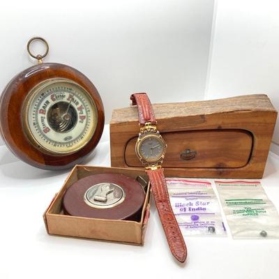 LOT 127: Vintage Stellar Germany Barometer, Pulsar Watch, Carved Wood Box, Starrett Yankee Steel Tape Measure in Box and Pair of Gemstones