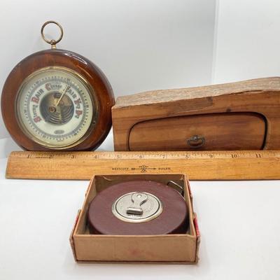 LOT 127: Vintage Stellar Germany Barometer, Pulsar Watch, Carved Wood Box, Starrett Yankee Steel Tape Measure in Box and Pair of Gemstones