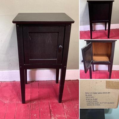 LOT 131: Painted Black Storage Cabinet and New Old Stock Ecoleben Black Side Table in Original Box