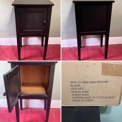 LOT 131: Painted Black Storage Cabinet and New Old Stock Ecoleben Black Side Table in Original Box