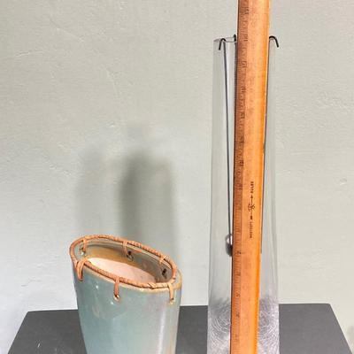 LOT 135: Wood Sewing Table, Table Lamp, Ceramic Vase and Glass Tea Light Holder