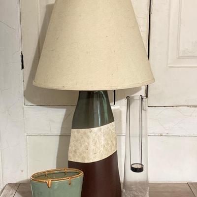 LOT 135: Wood Sewing Table, Table Lamp, Ceramic Vase and Glass Tea Light Holder